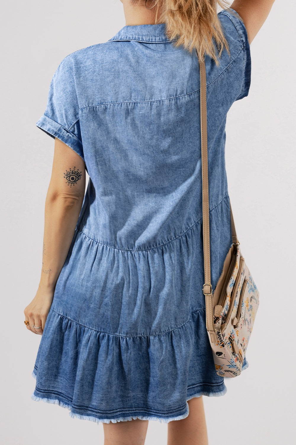 Raw Hem Collared Neck Short Sleeve Denim Dress - RebelReine Apparel & Co.