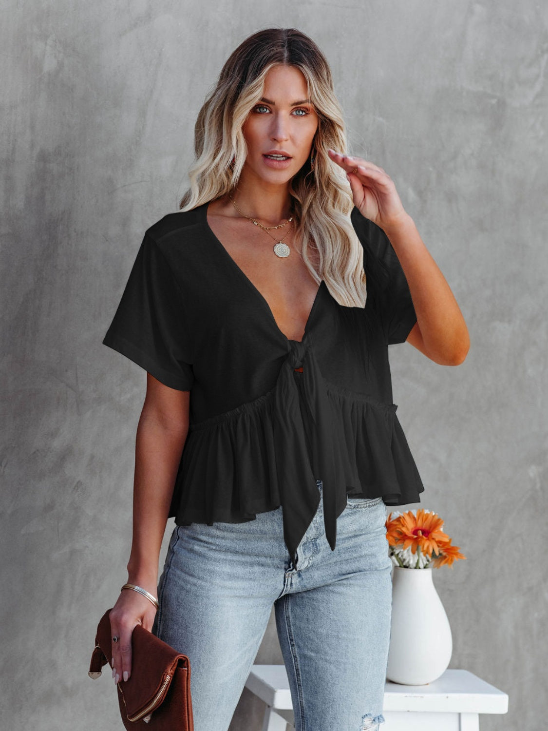 Tied Plunge Short Sleeve Blouse - RebelReine Apparel & Co.