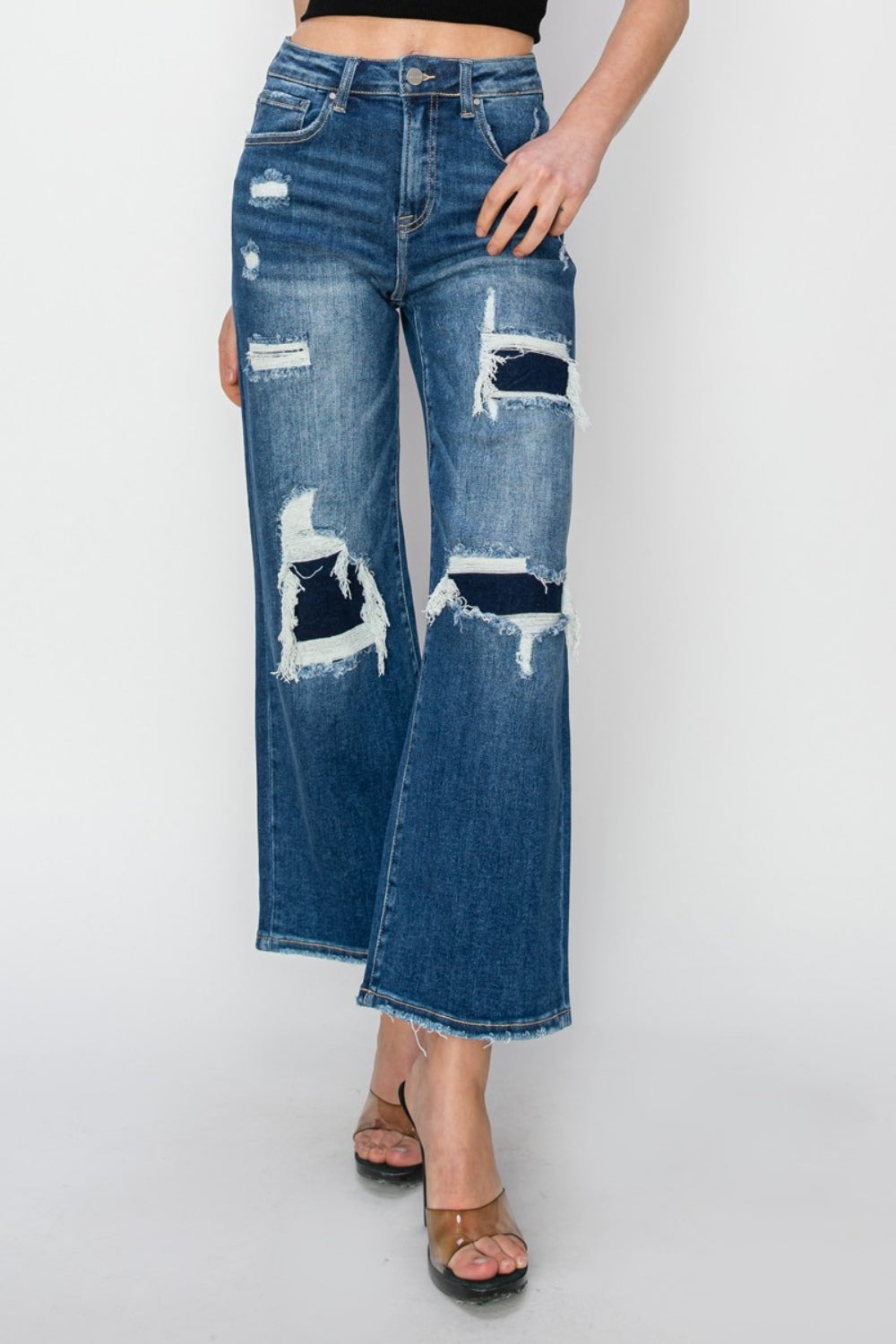 Risen Full Size High Rise Patch Detailed Wide Leg Crop Jeans