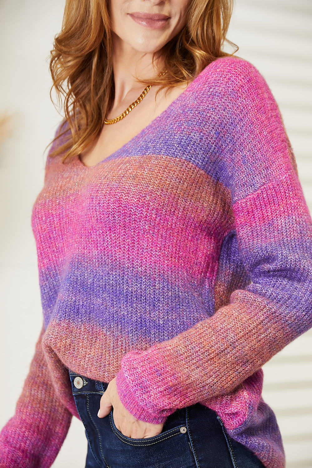 Multicolored Rib-Knit V-Neck Knit Pullover - RebelReine Apparel & Co.