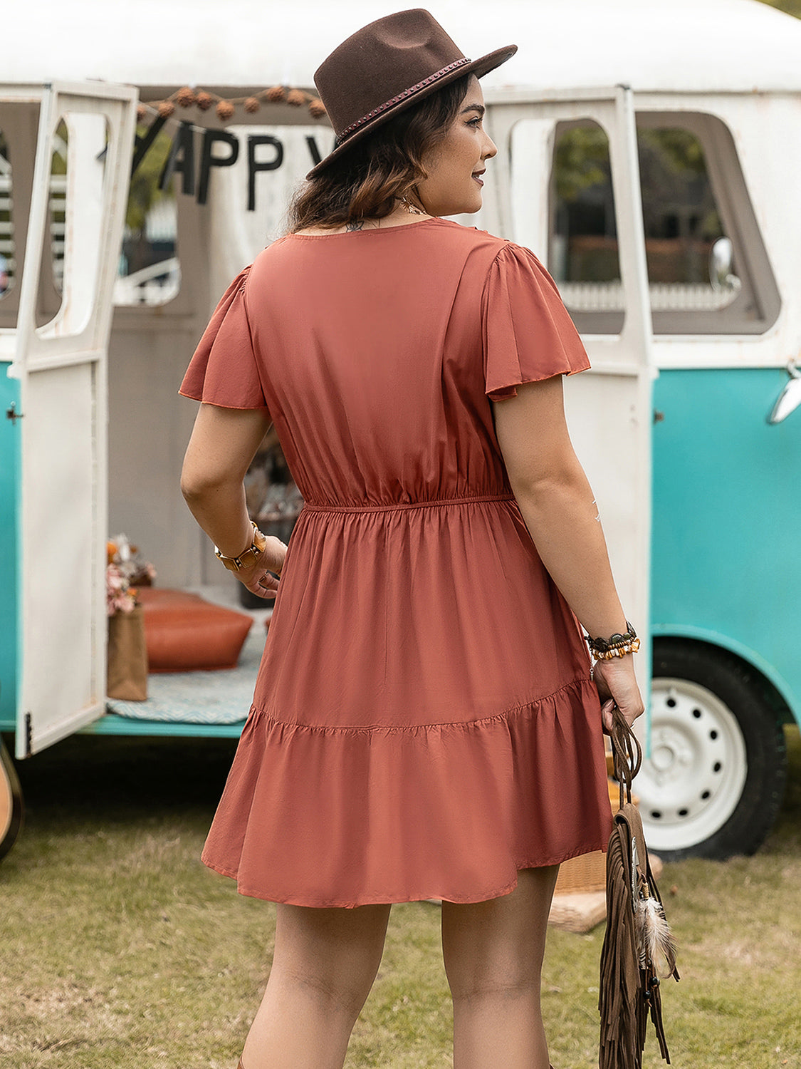 Plus Size Ruffle Hem V-Neck Short Sleeve Dress - RebelReine Apparel & Co.