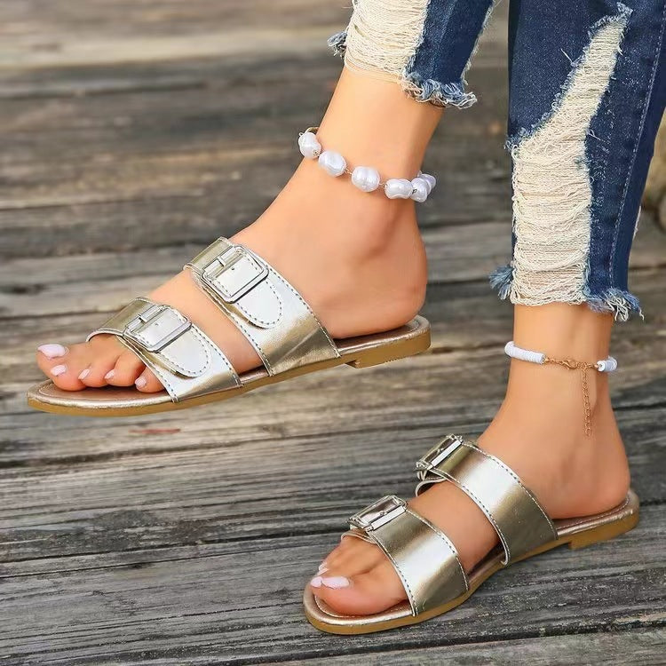 Open Toe Double Buckle Sandals - RebelReine Apparel & Co.