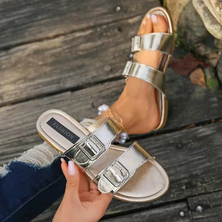 Open Toe Double Buckle Sandals - RebelReine Apparel & Co.