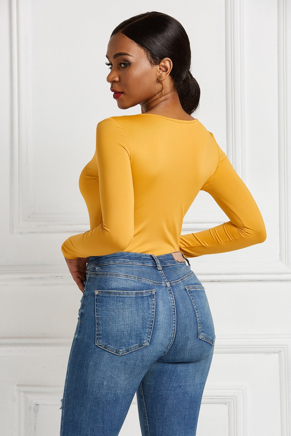 Half Zip Scoop Neck Long Sleeve Bodysuit Trendsi