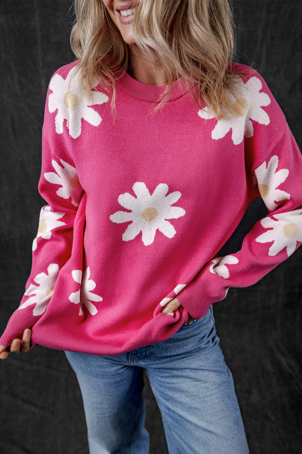 Daisy Round Neck Dropped Shoulder Sweater - RebelReine Apparel & Co.