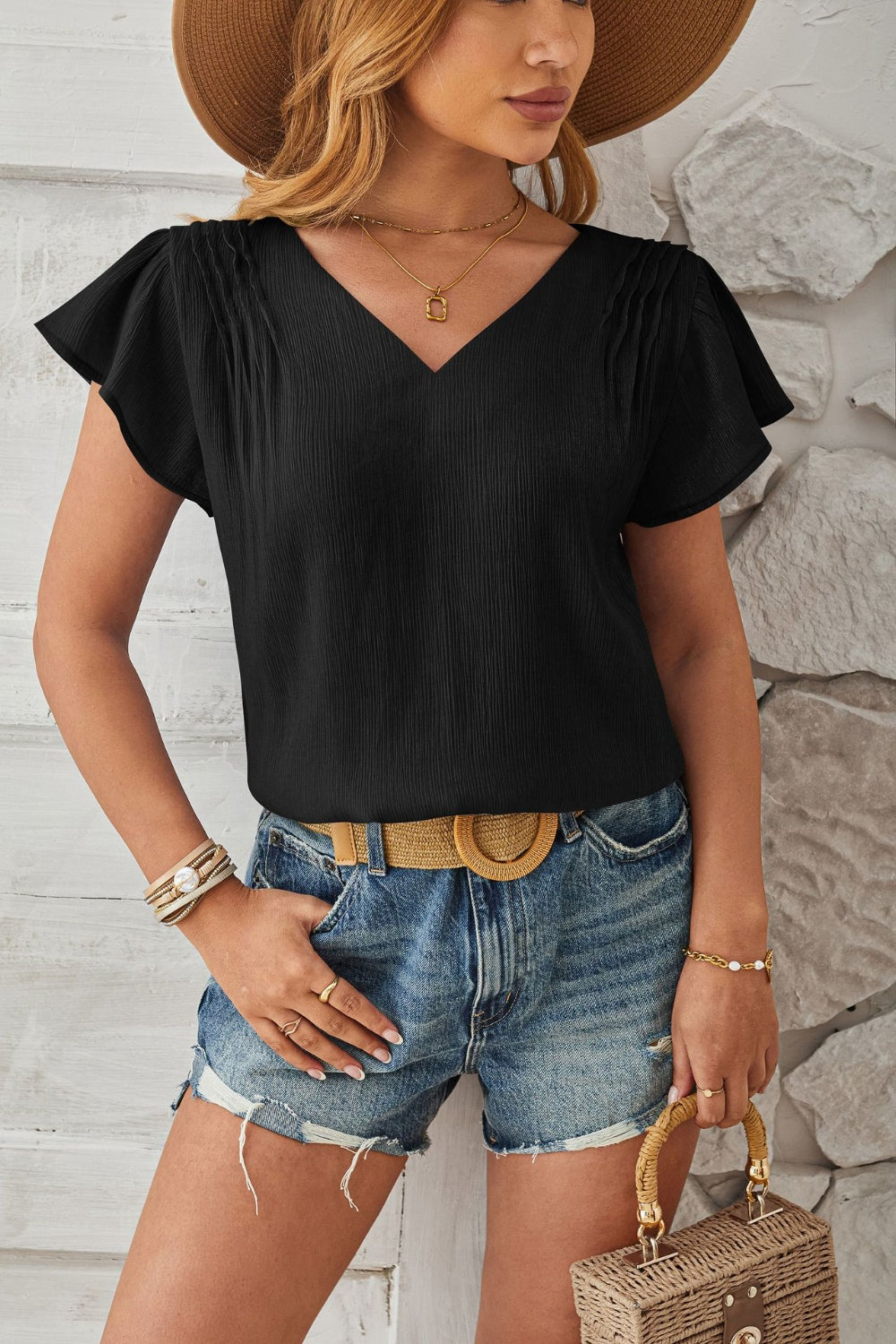 Ruched V-Neck Flounce Sleeve Blouse - RebelReine Apparel & Co.