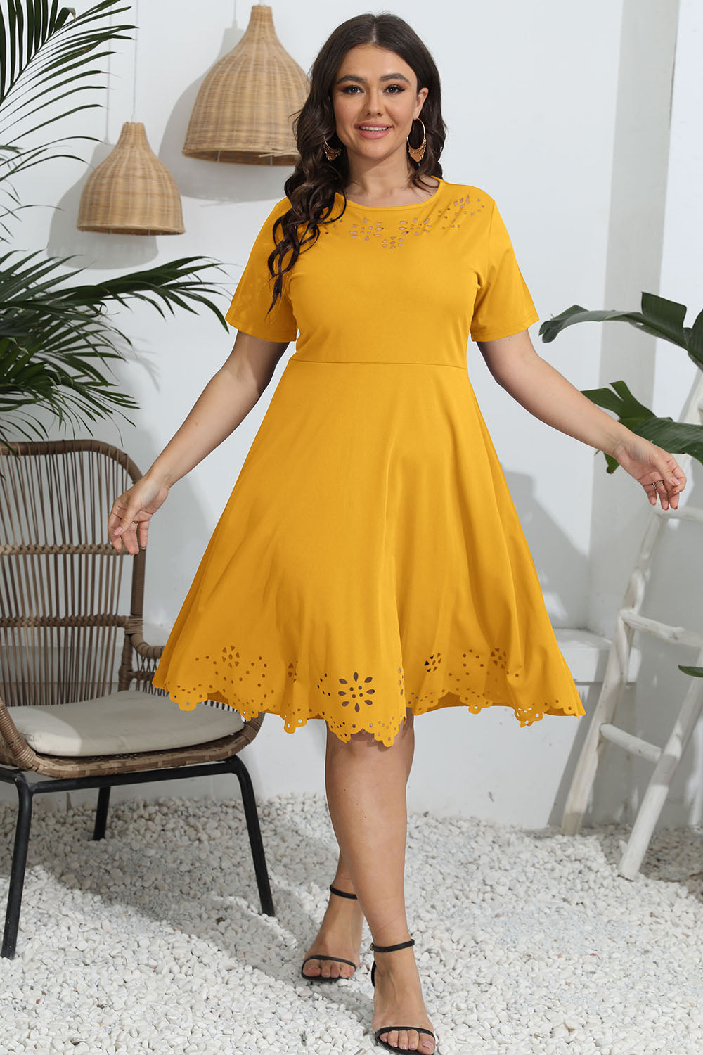 Plus Size Round Neck Openwork Dress - RebelReine Apparel & Co.