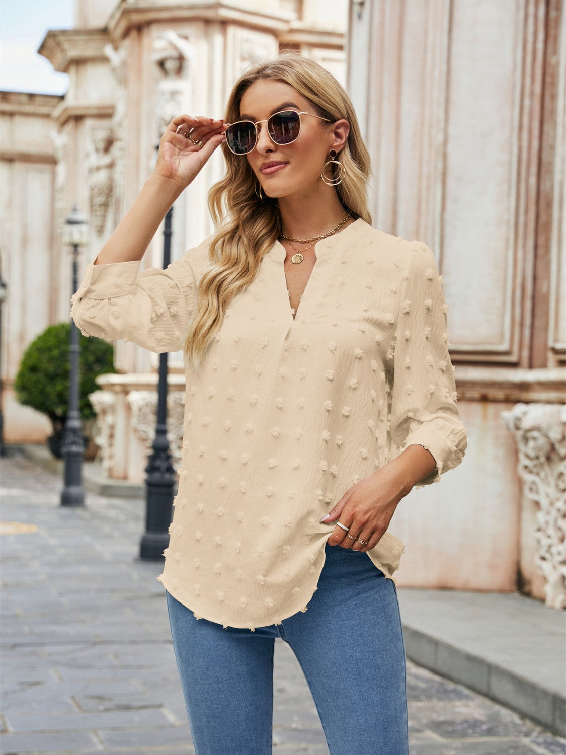 Swiss Dot Notched Neck Blouse - RebelReine Apparel & Co.