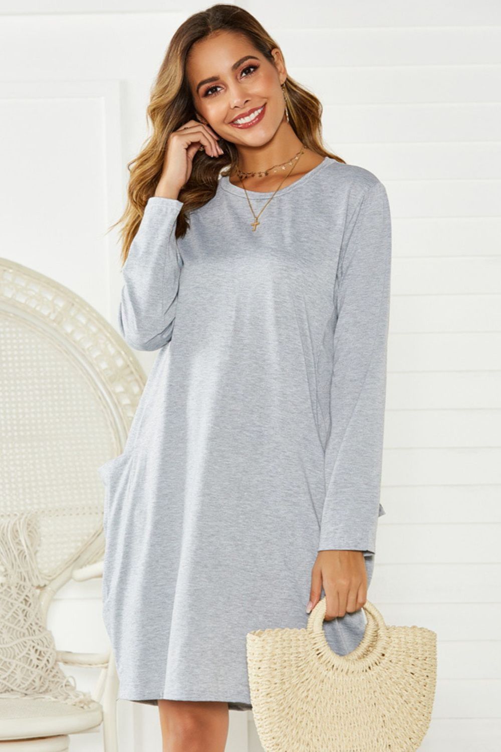 Pocketed Round Neck Long Sleeve Dress