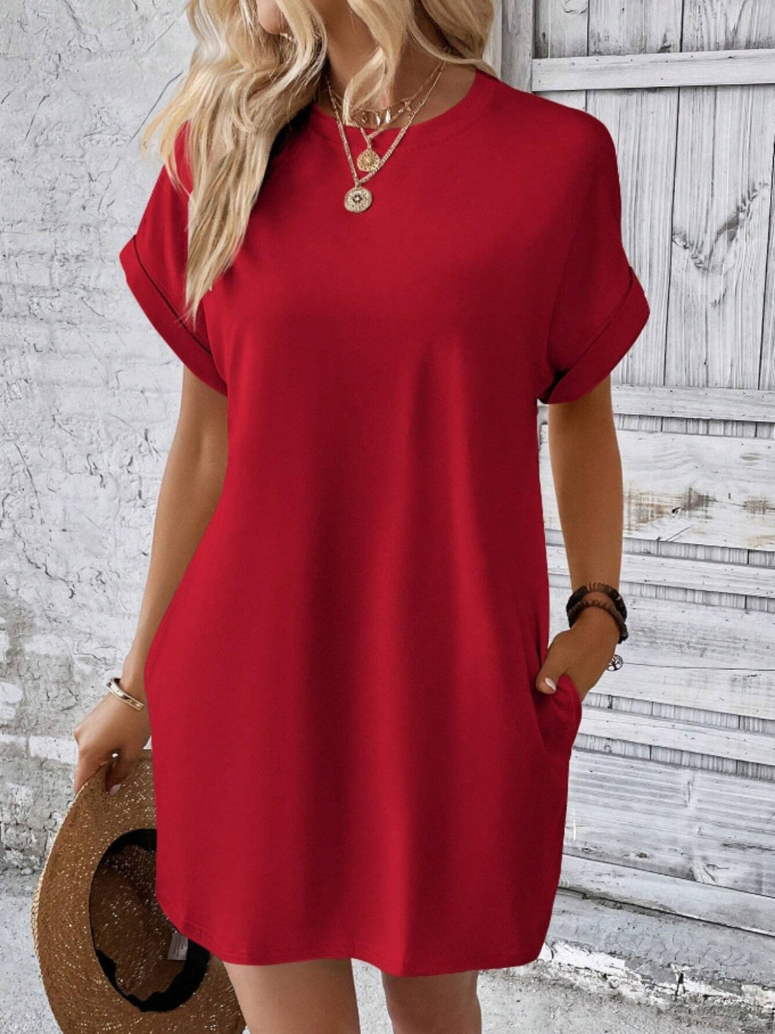 Pocketed Round Neck Short Sleeve Dress - RebelReine Apparel & Co.