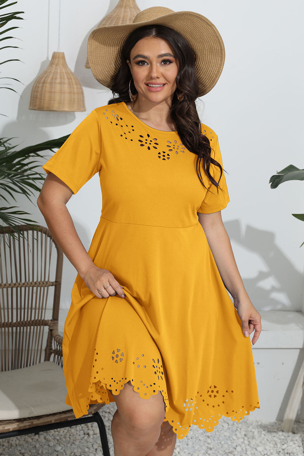 Plus Size Round Neck Openwork Dress - RebelReine Apparel & Co.