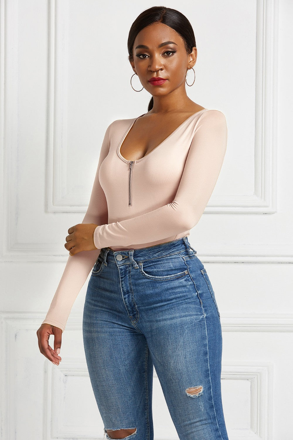 Half Zip Scoop Neck Long Sleeve Bodysuit Trendsi