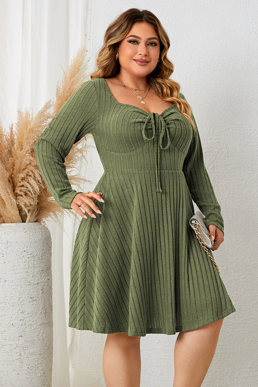 Plus Size Sweetheart Neck Long Sleeve Ribbed Dress - RebelReine Apparel & Co.