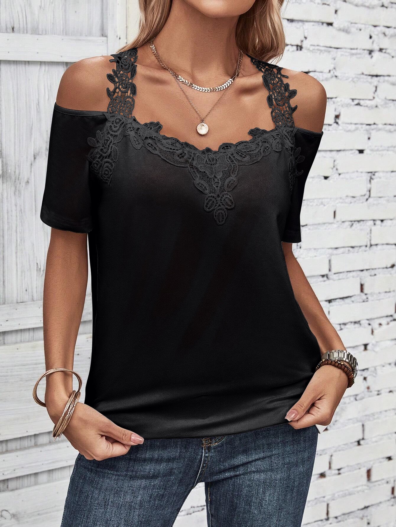 Full Size Lace Detail Short Sleeve T-Shirt - RebelReine Apparel & Co.