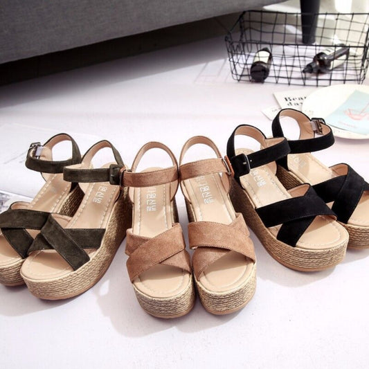 Crisscross Open Toe Wedge Sandals - RebelReine Apparel & Co.