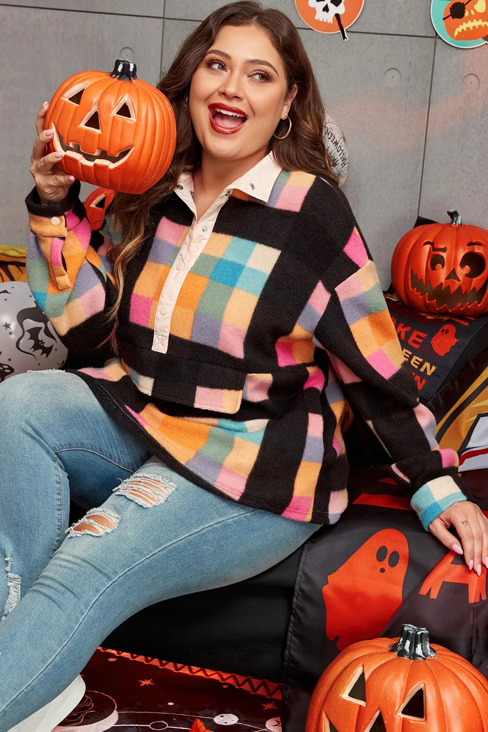 Plus Size Color Block Half Snap Long Sleeve Sweatshirt