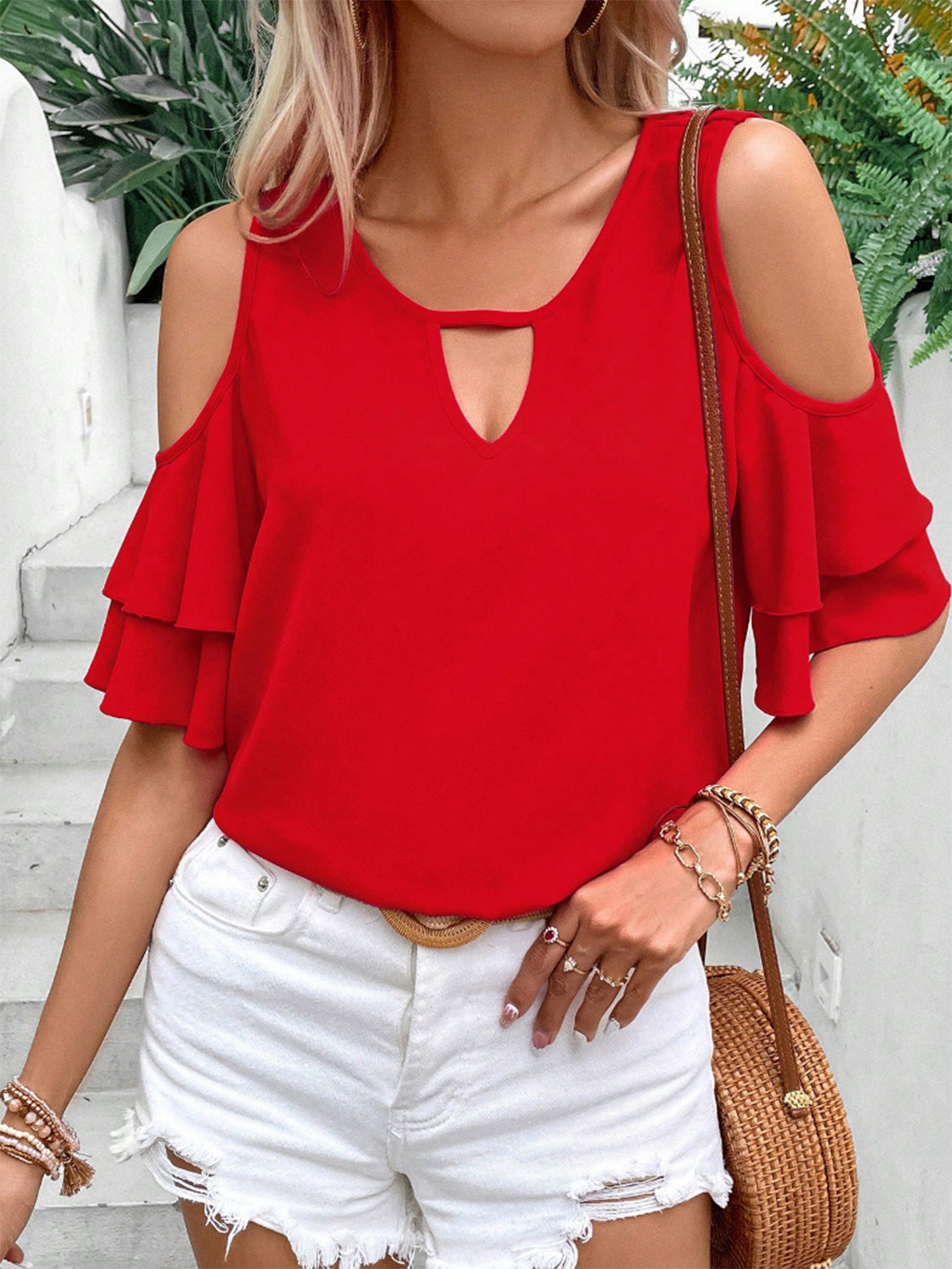 Cold Shoulder Flounce Sleeve Blouse - RebelReine Apparel & Co.