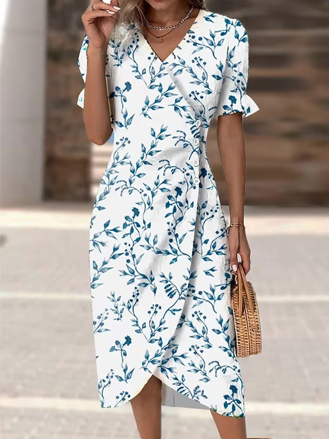 Full Size Printed Surplice Flounce Sleeve Midi Dress - RebelReine Apparel & Co.