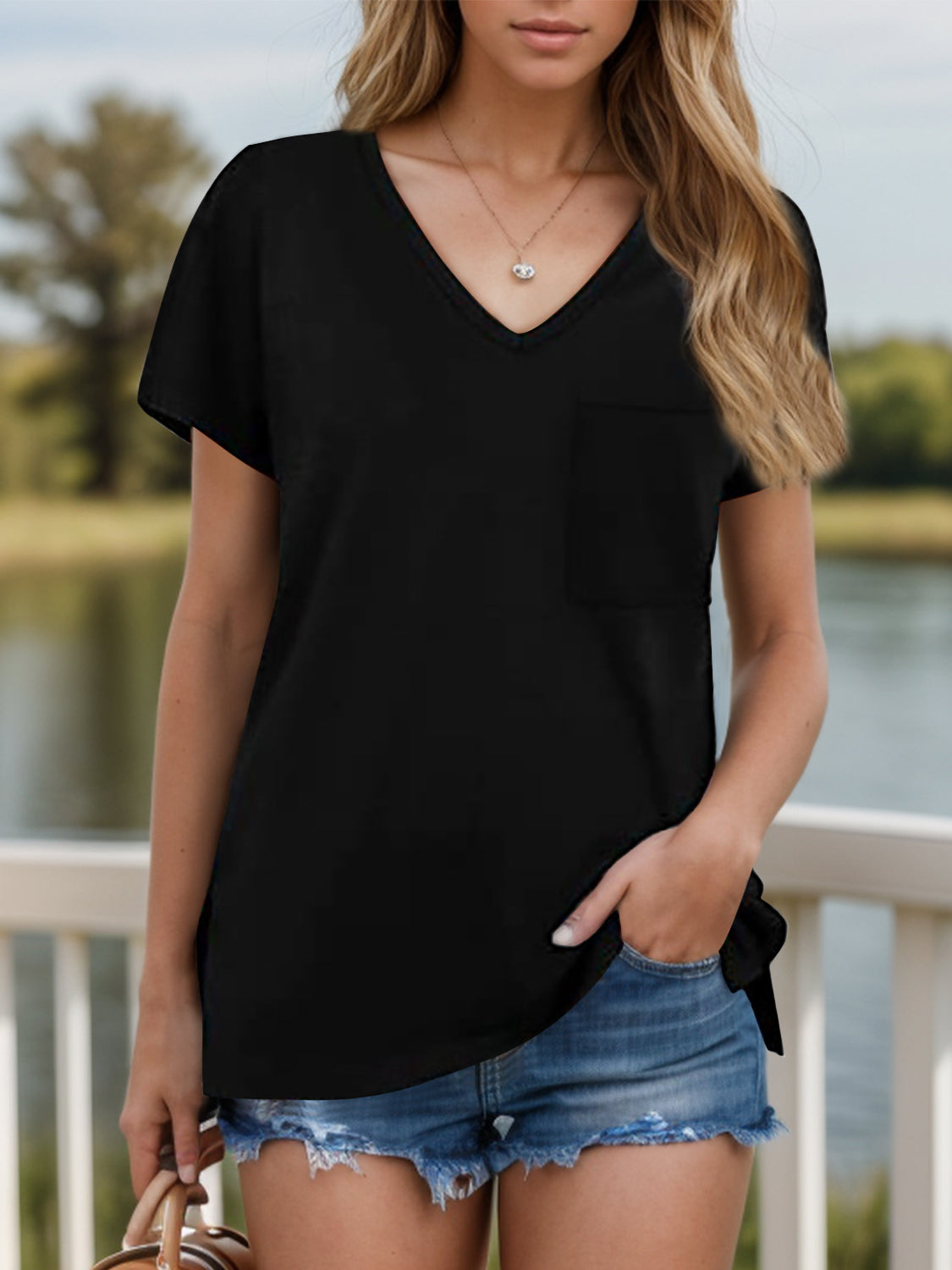 Pocketed Heathered V-Neck Short Sleeve T-Shirt - RebelReine Apparel & Co.