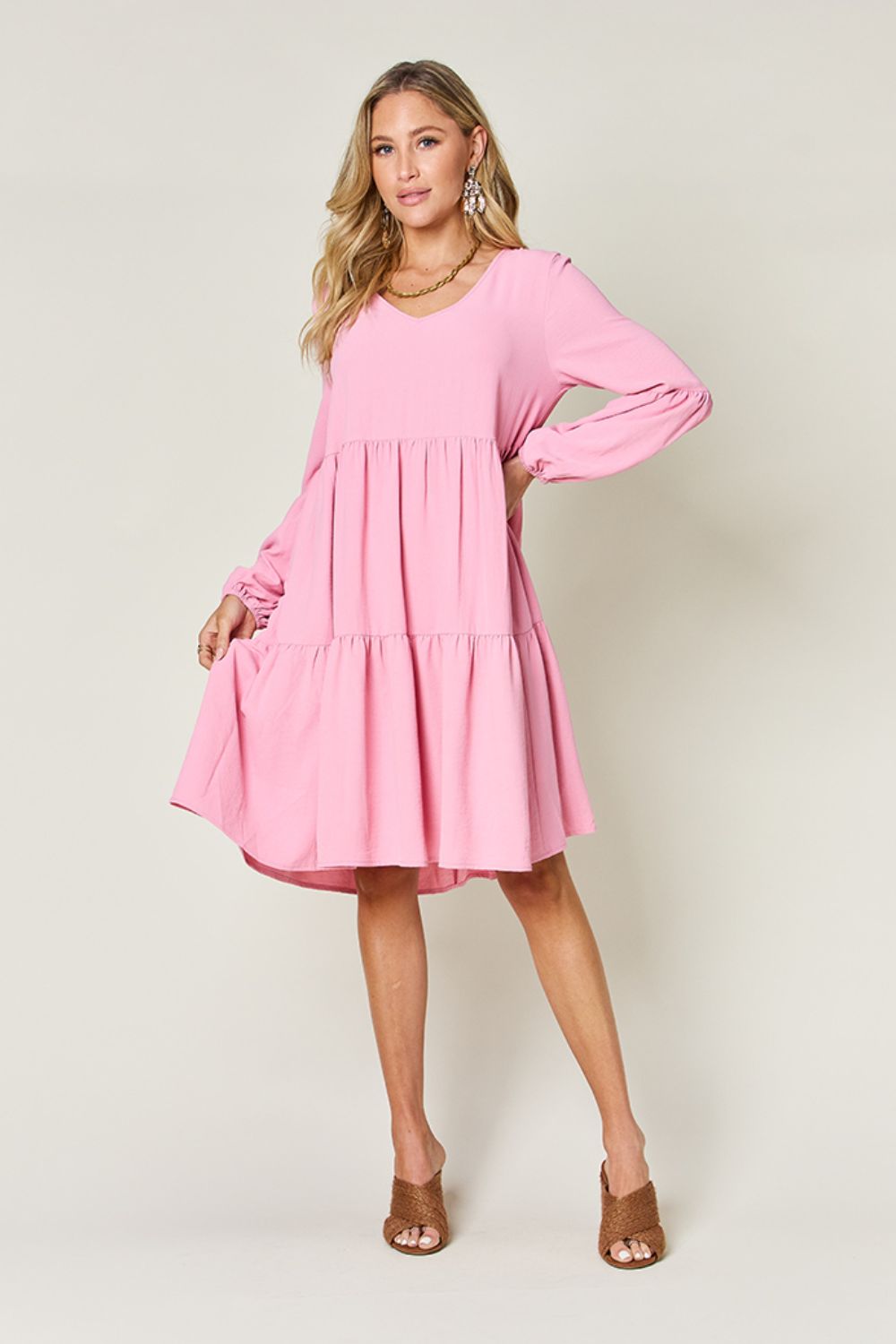 Double Take Full Size V-Neck Balloon Sleeve Tiered Dress - RebelReine Apparel & Co.