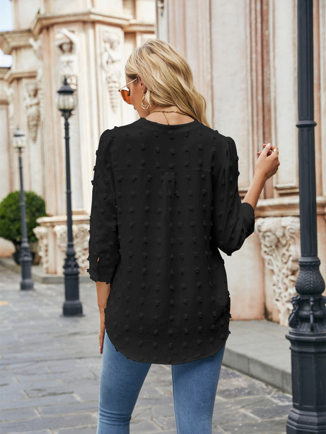 Swiss Dot Notched Neck Blouse - RebelReine Apparel & Co.