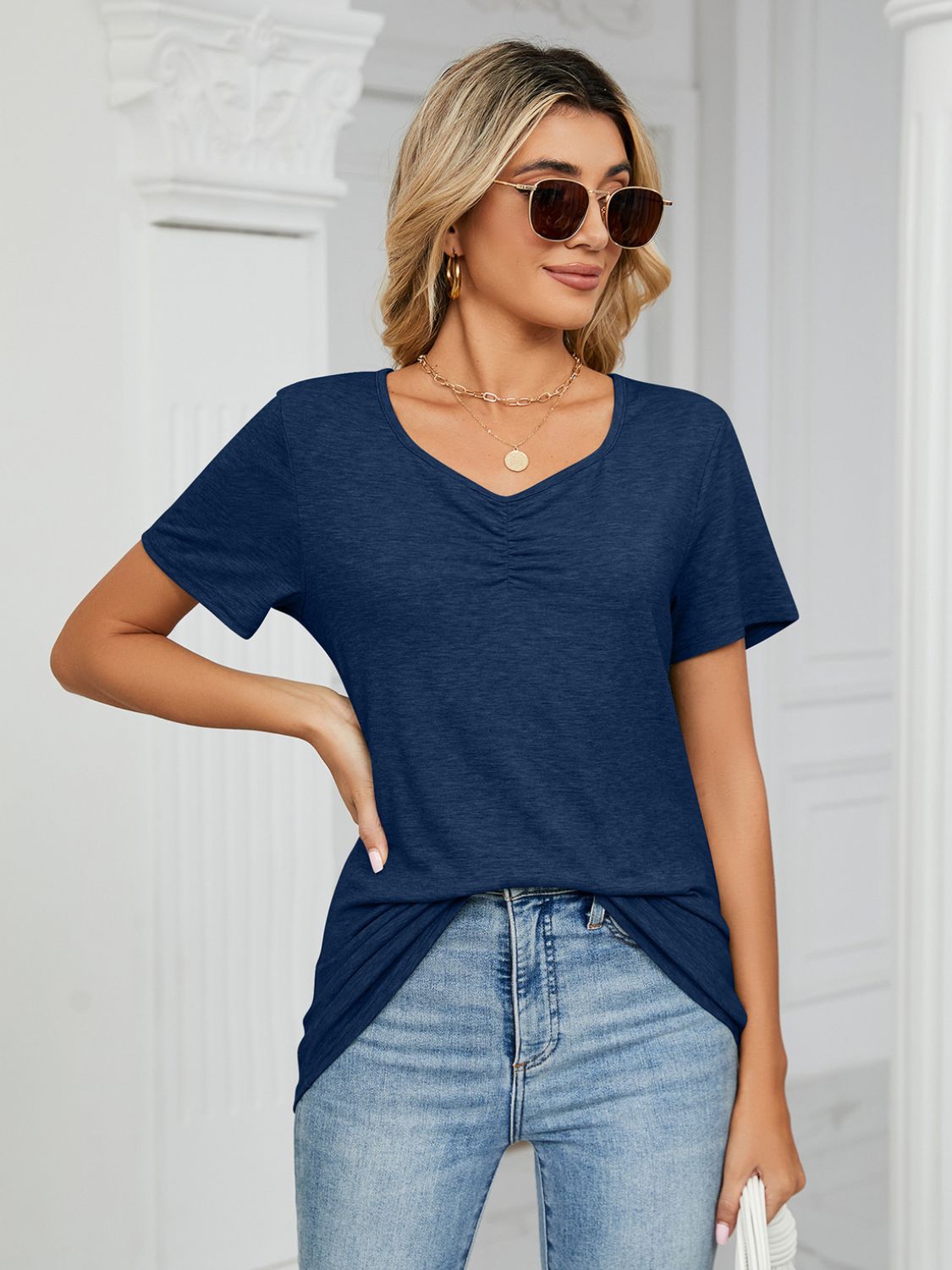 Ruched V-Neck Short Sleeve T-Shirt