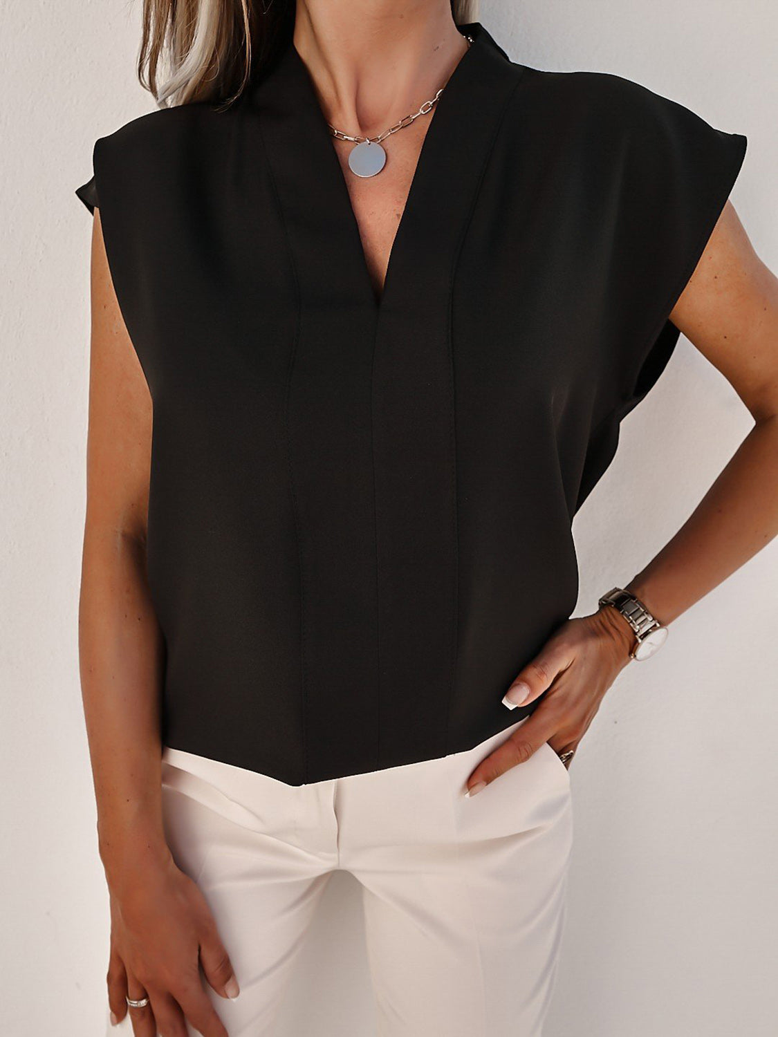 V-Neck Cap Sleeve Blouse - RebelReine Apparel & Co.