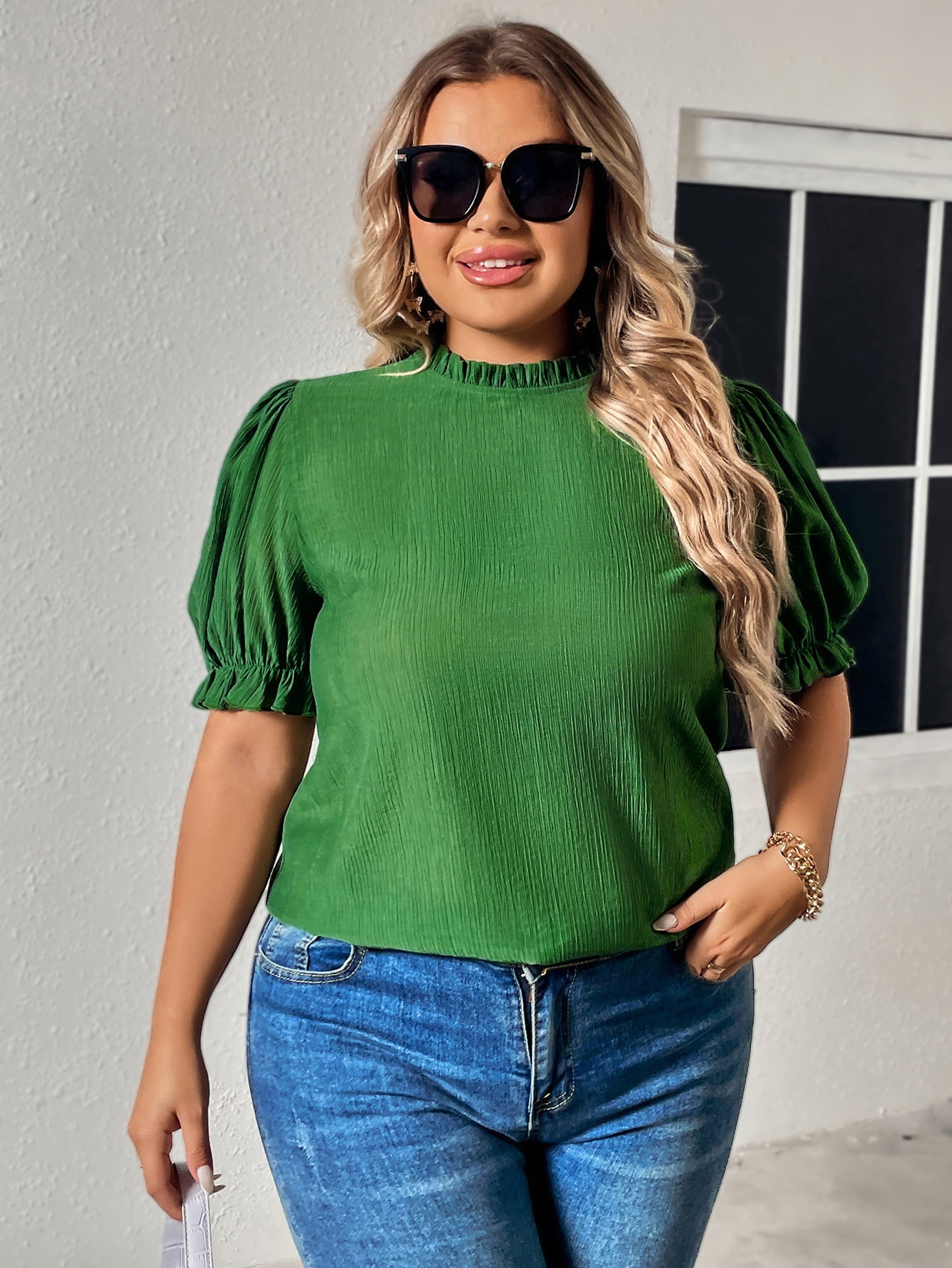 Plus Size Round Neck Flounce Sleeve Blouse - RebelReine Apparel & Co.