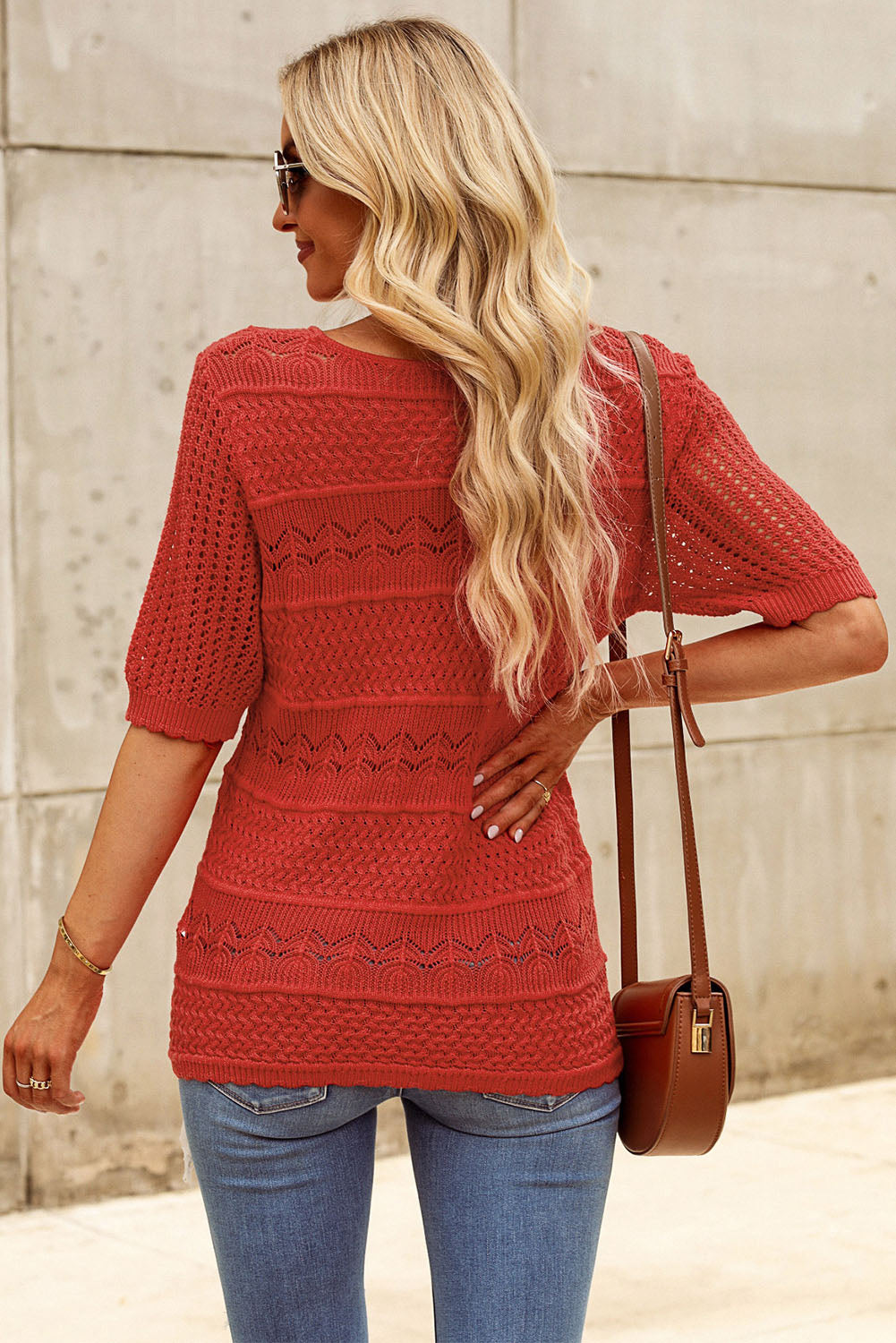 Openwork Round Neck Half Sleeve Knit Top - RebelReine Apparel & Co.