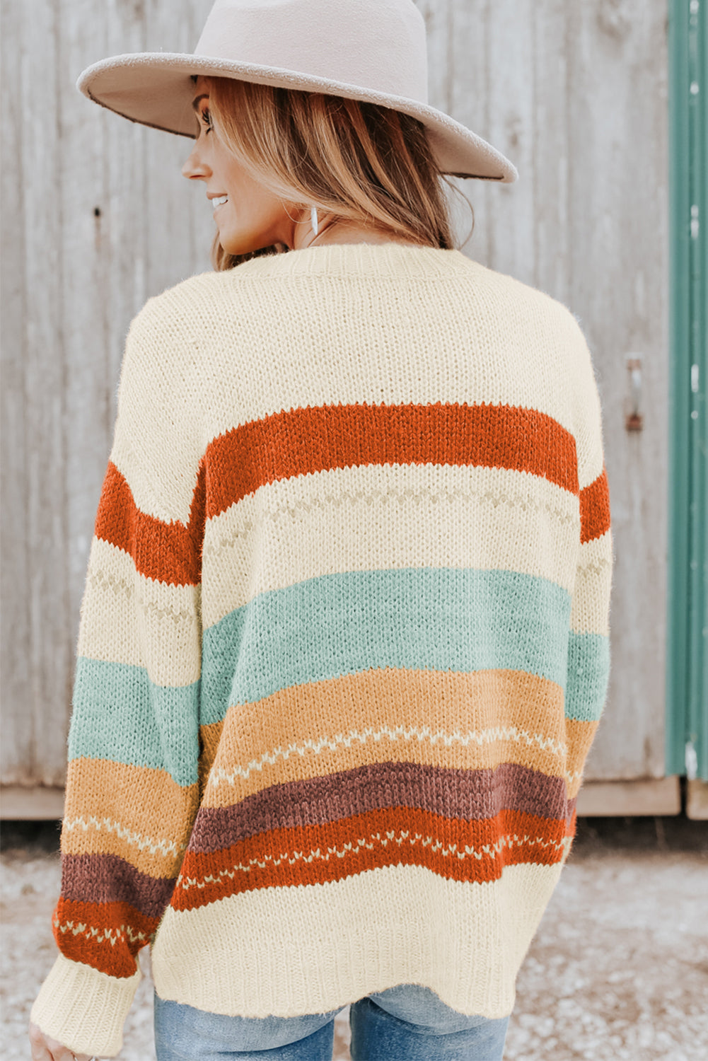 Crew Neck Drop-shoulder Striped Color Block Sweater - RebelReine Apparel & Co.