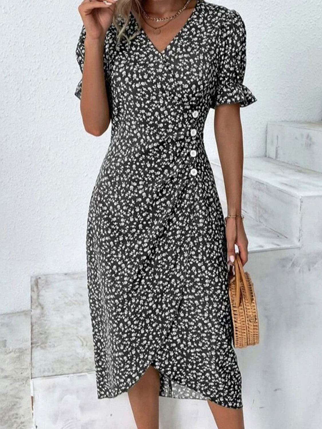 Full Size Printed Surplice Flounce Sleeve Midi Dress - RebelReine Apparel & Co.