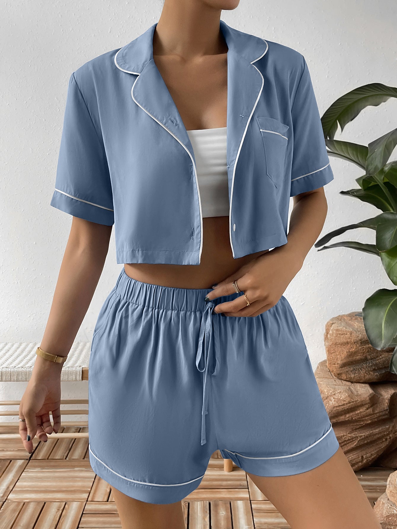 Contrast Lapel Collar Cropped Shirt and Shorts Lounge Set - RebelReine Apparel & Co.