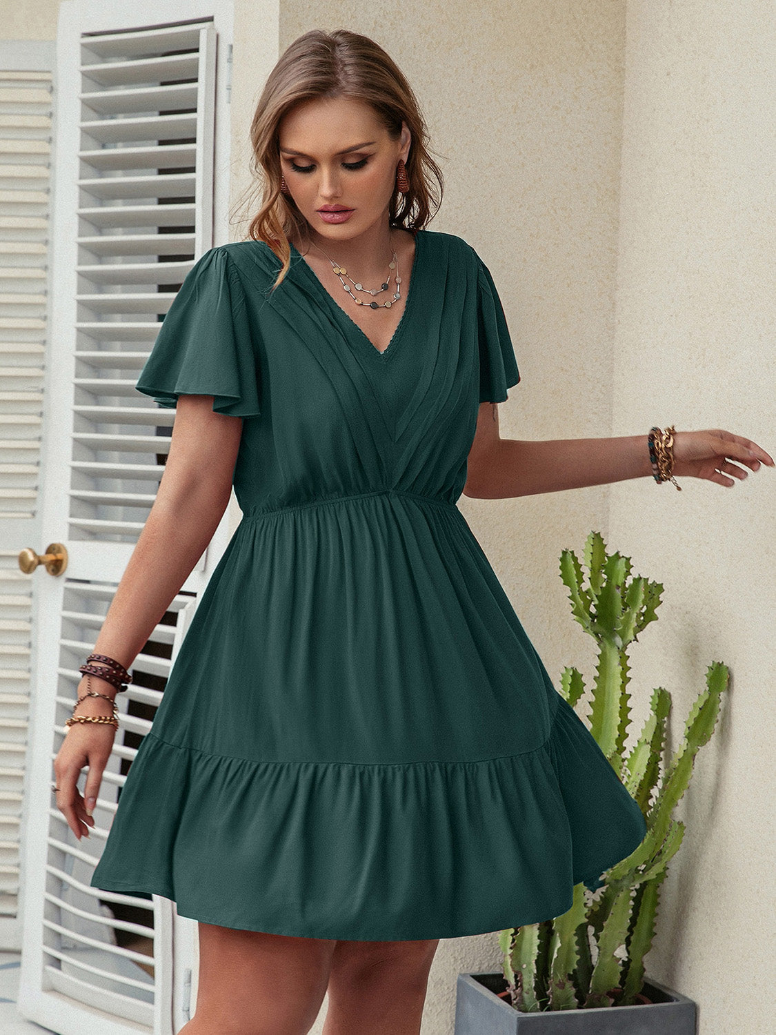 Plus Size Ruffle Hem V-Neck Short Sleeve Dress - RebelReine Apparel & Co.