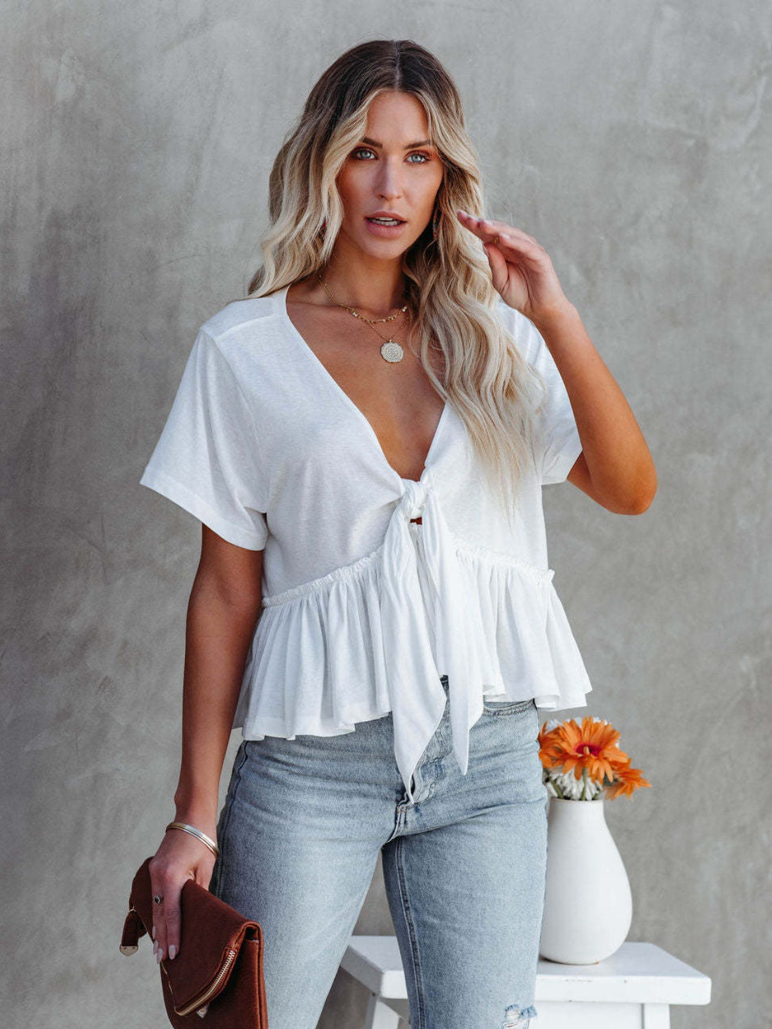 Tied Plunge Short Sleeve Blouse - RebelReine Apparel & Co.