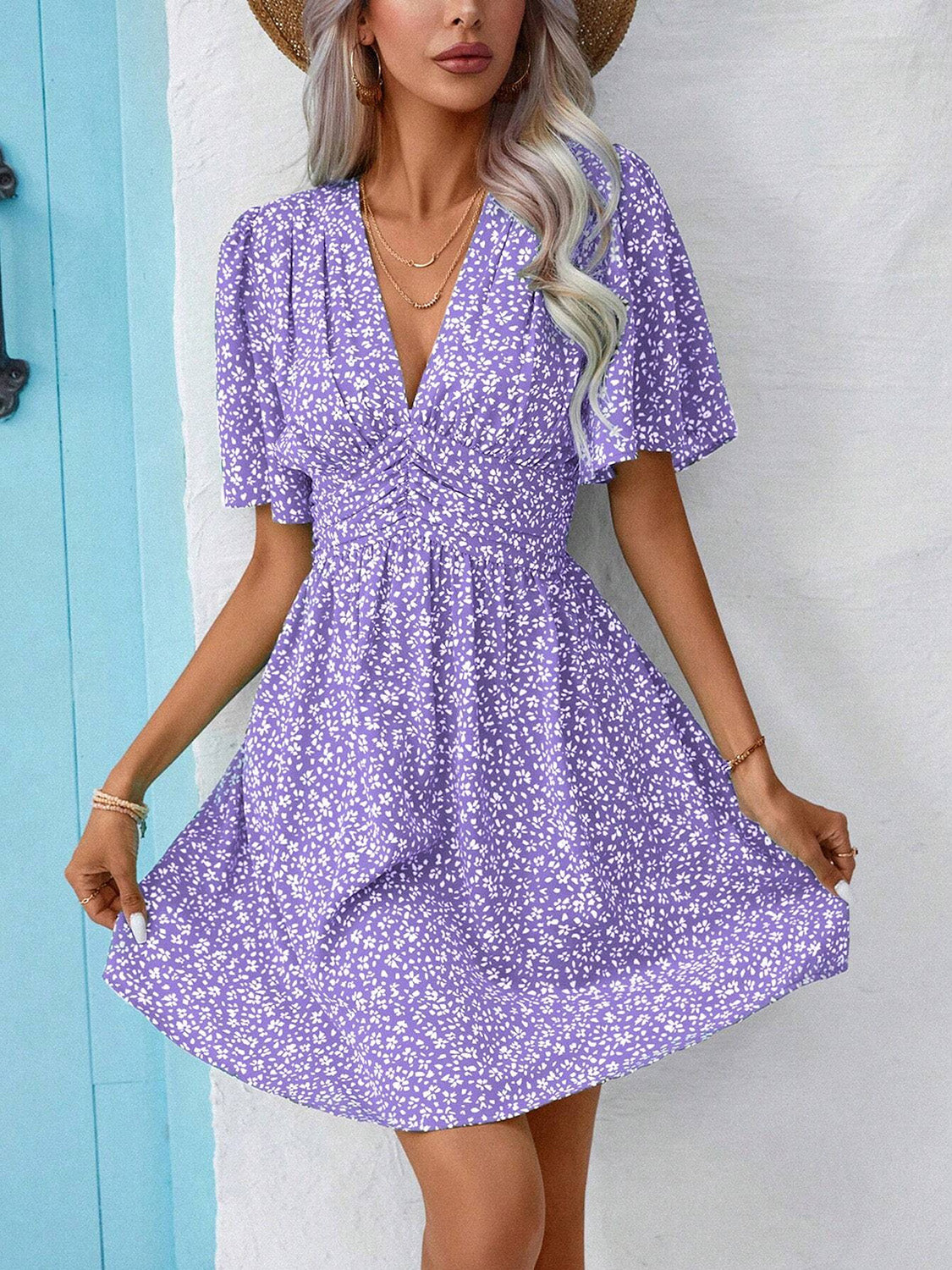 Printed V-Neck Half Sleeve Mini Dress - RebelReine Apparel & Co.