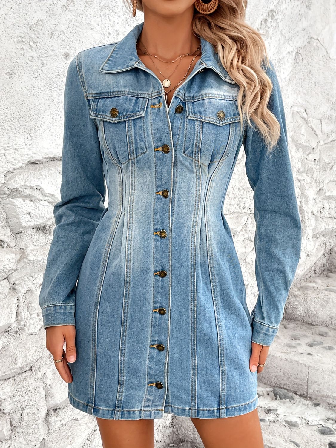 Pocketed Button Up Long Sleeve Denim Dress - RebelReine Apparel & Co.