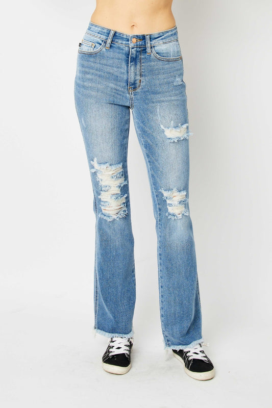 Judy Blue Full Size Distressed Raw Hem Bootcut Jeans - RebelReine Apparel & Co.