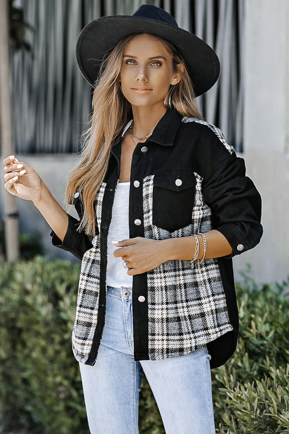 Plaid Pocketed Button Up Denim Jacket - RebelReine Apparel & Co.