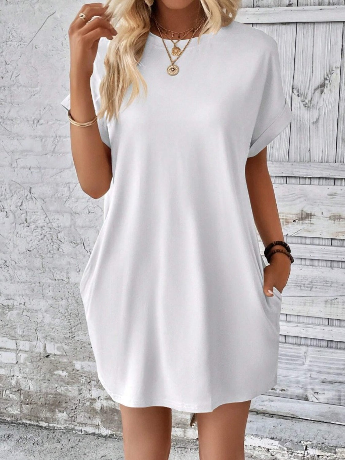 Pocketed Round Neck Short Sleeve Dress - RebelReine Apparel & Co.