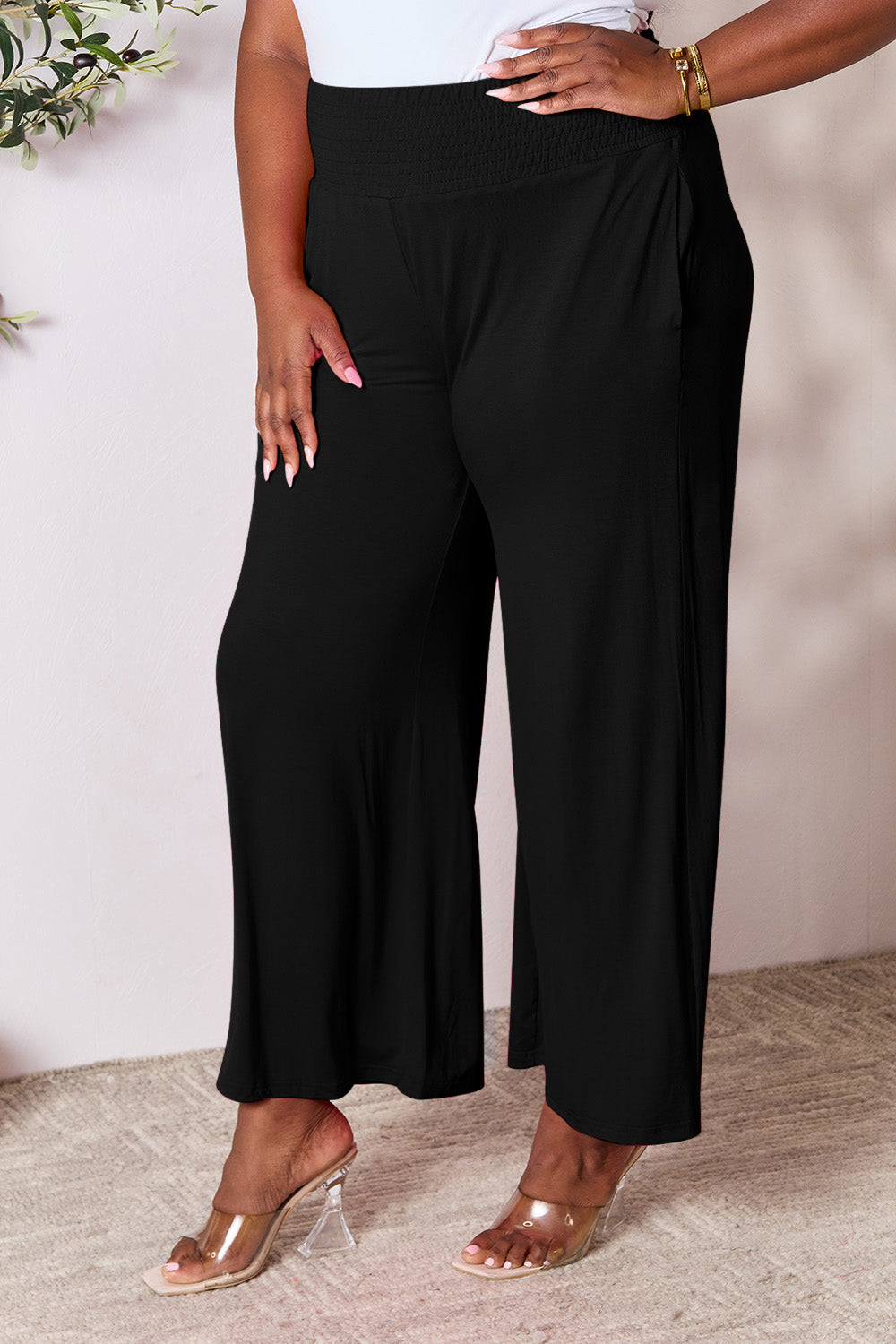 Double Take Full Size Smocked Wide Waistband Wide Leg Pants - RebelReine Apparel & Co.