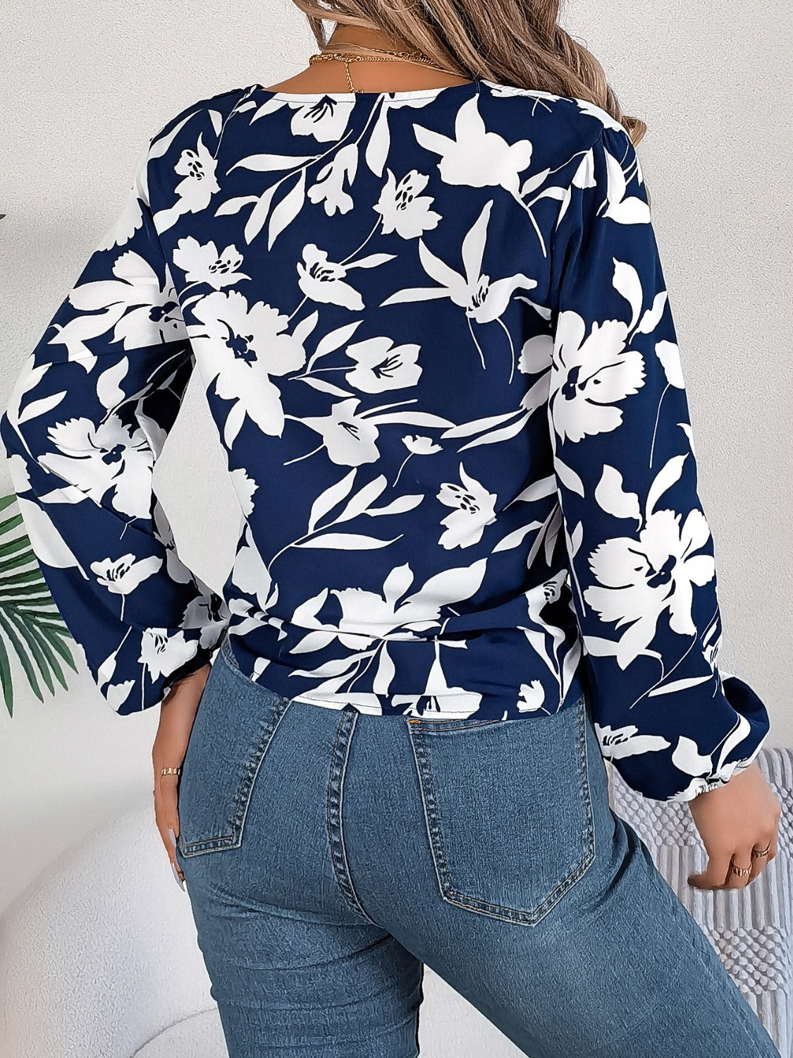 Printed V-Neck Long Sleeve Blouse - RebelReine Apparel & Co.