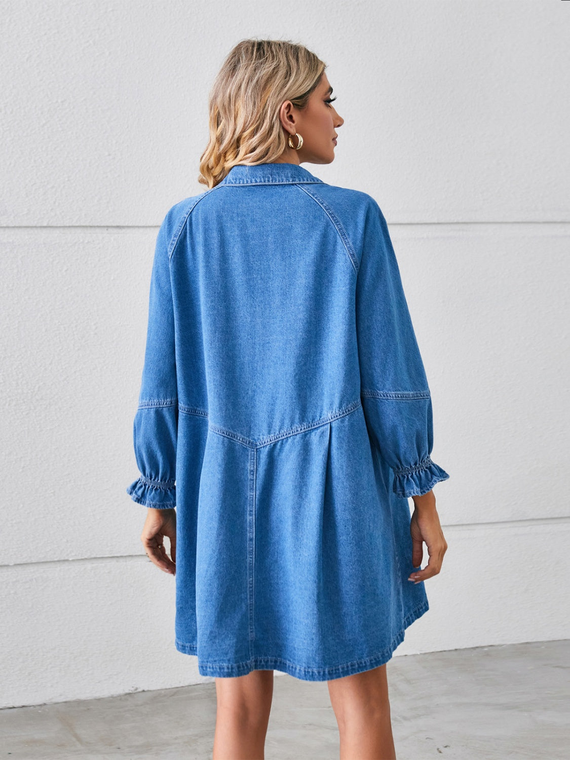 Button Up Flounce Sleeve Mini Denim Dress - RebelReine Apparel & Co.