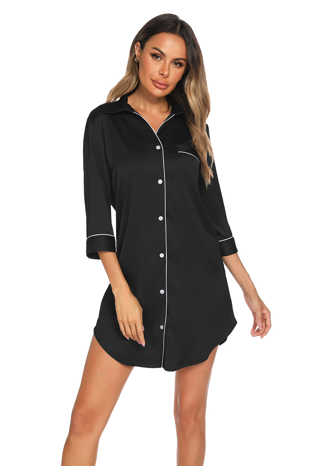 Button Up Collared Neck Night Dress with Pocket - RebelReine Apparel & Co.