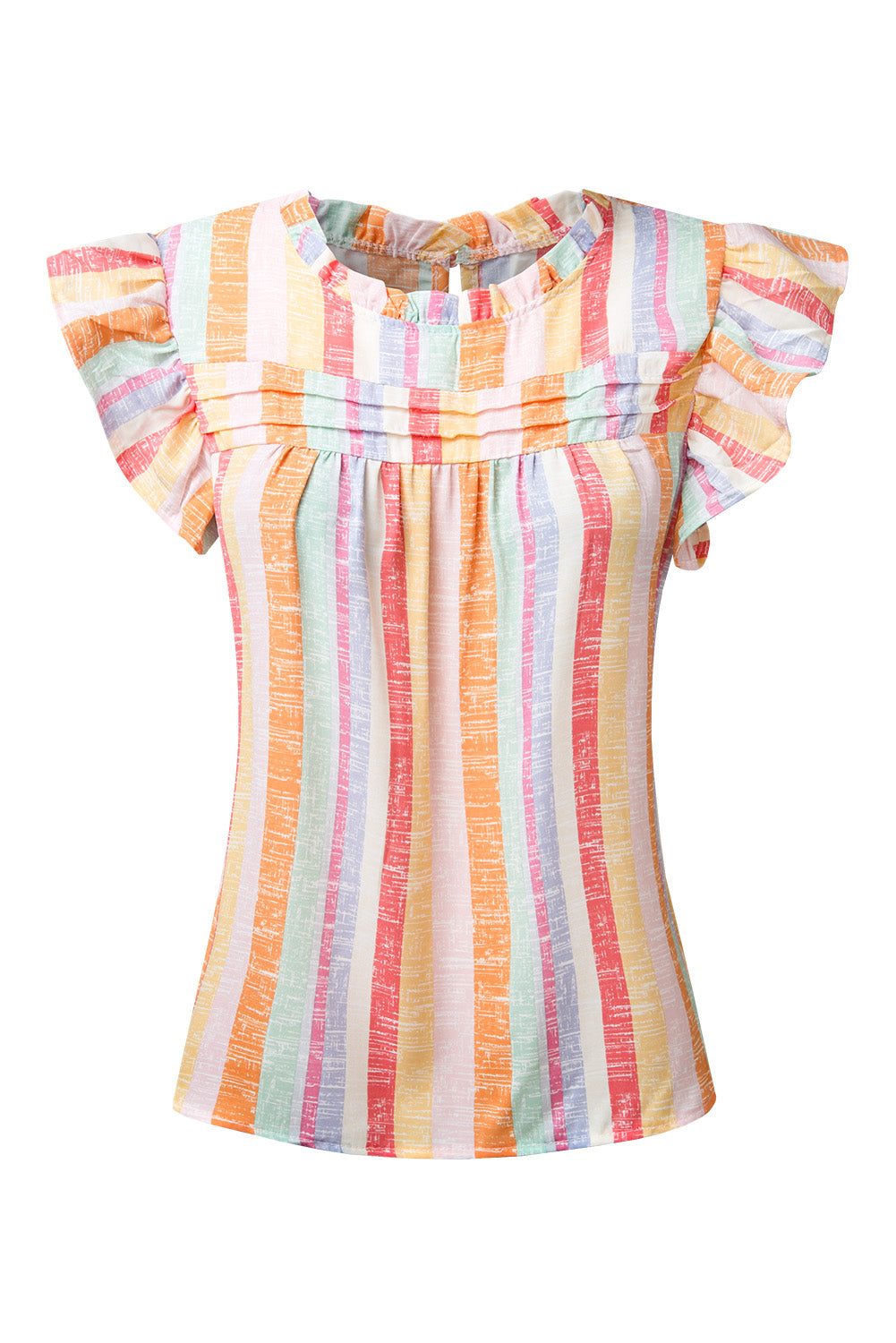 Ruffled Striped Round Neck Cap Sleeve Blouse - RebelReine Apparel & Co.