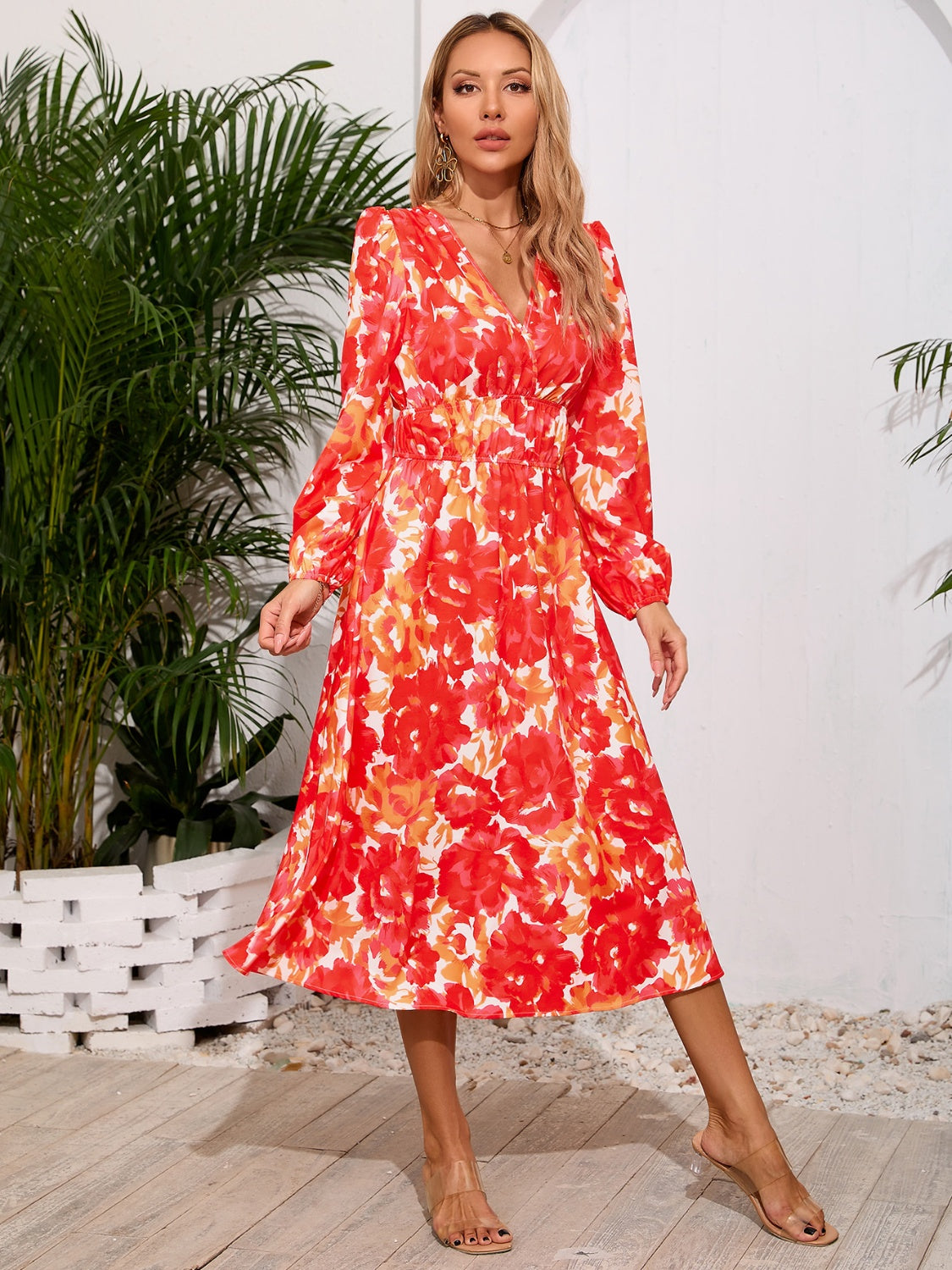 Printed Surplice Long Sleeve Midi Dress - RebelReine Apparel & Co.