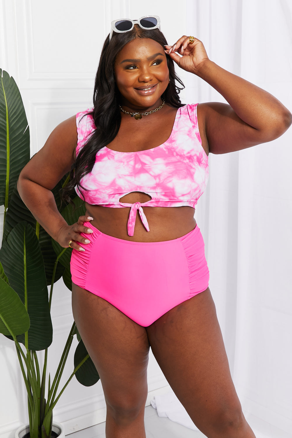 Marina West Swim Sanibel Crop Swim Top and Ruched Bottoms Set in Pink - RebelReine Apparel & Co.