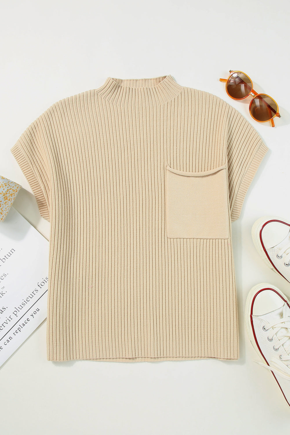 Oatmeal Patch Pocket Ribbed Knit Short Sleeve Sweater - RebelReine Apparel & Co.