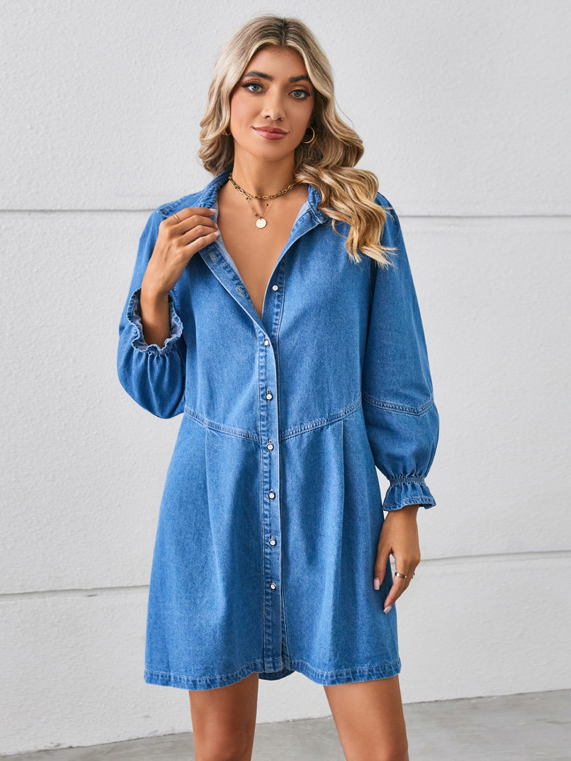 Button Up Flounce Sleeve Mini Denim Dress - RebelReine Apparel & Co.