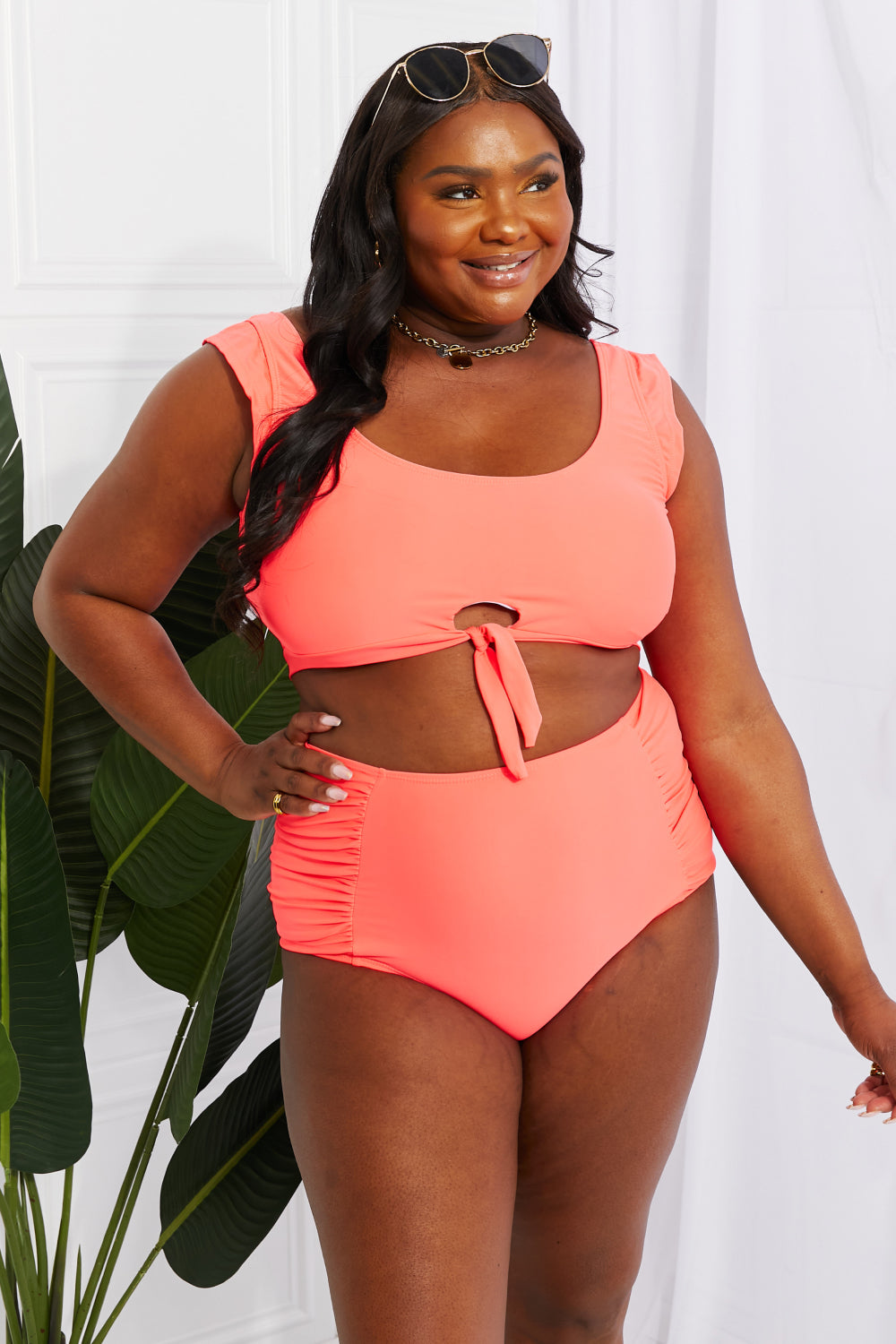 Marina West Swim Sanibel Crop Swim Top and Ruched Bottoms Set in Coral - RebelReine Apparel & Co.