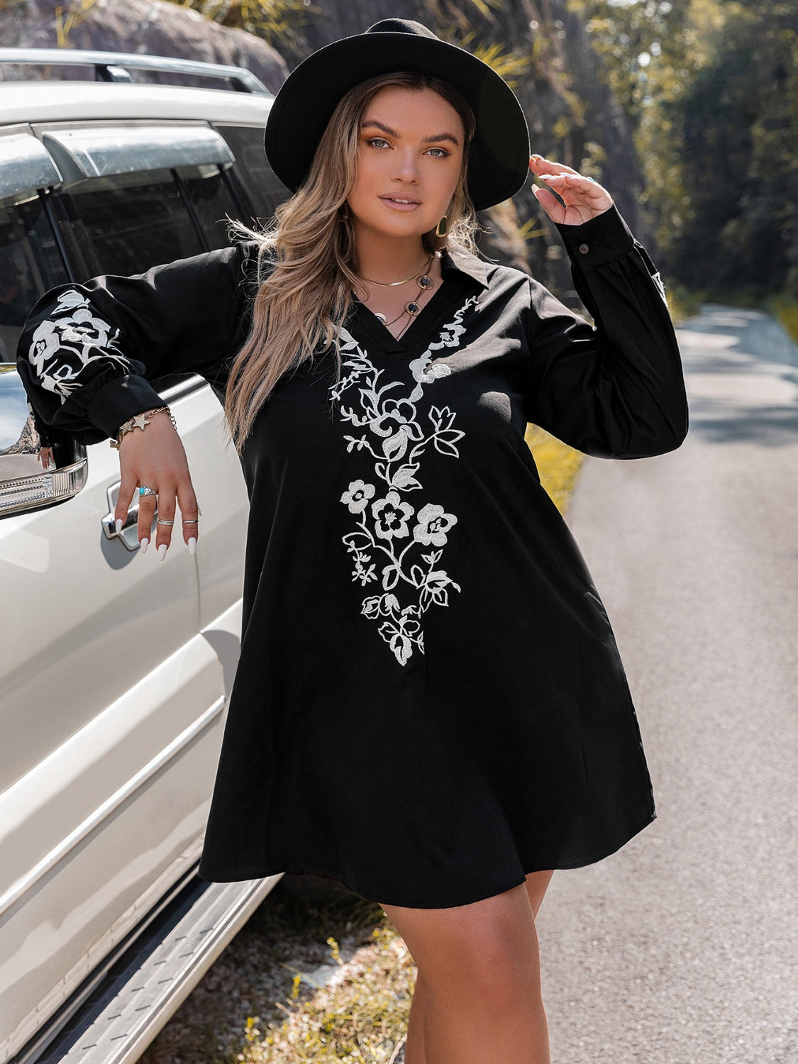 Plus Size Embroidered Long Sleeve Mini Dress - RebelReine Apparel & Co.